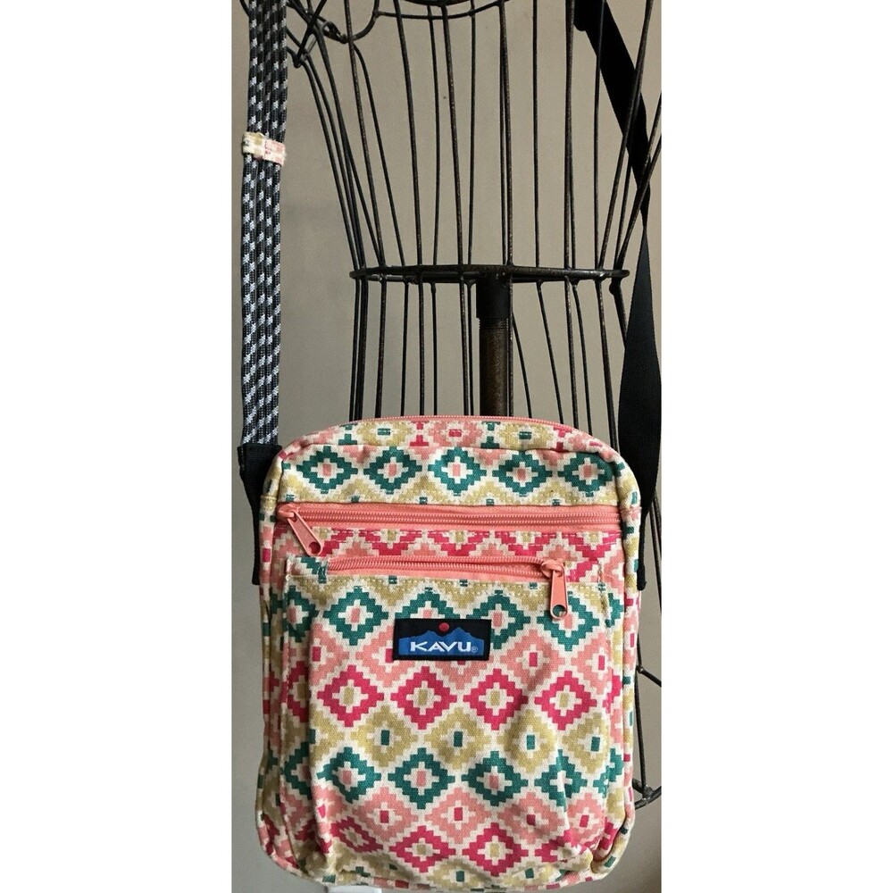 KAVU Keeper Canvas Rope Sling Crossbody Handbag Pink Yellow Teal EUC